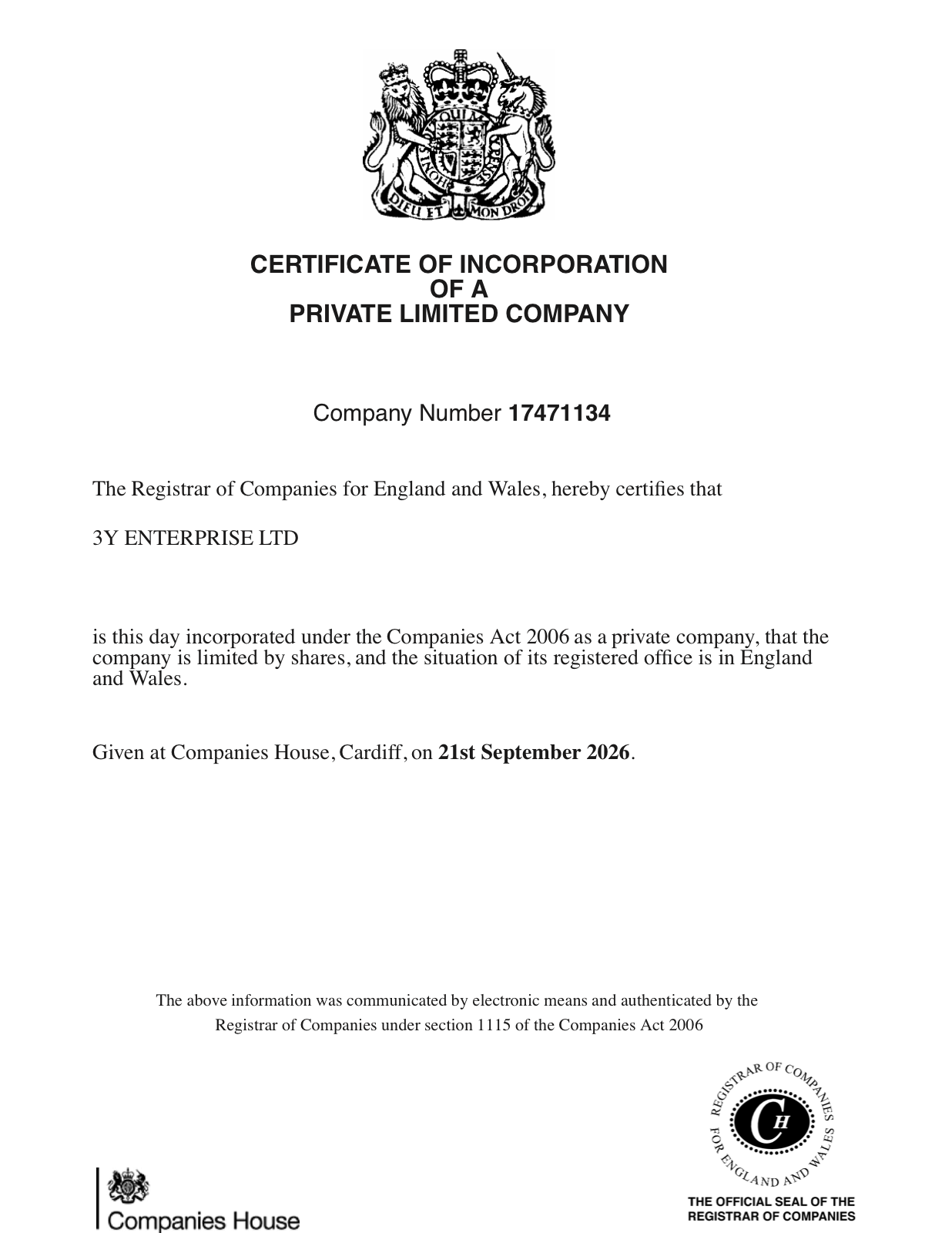 3Y Enterprise LTD Certificate of Incorporation - Company Number 17471134